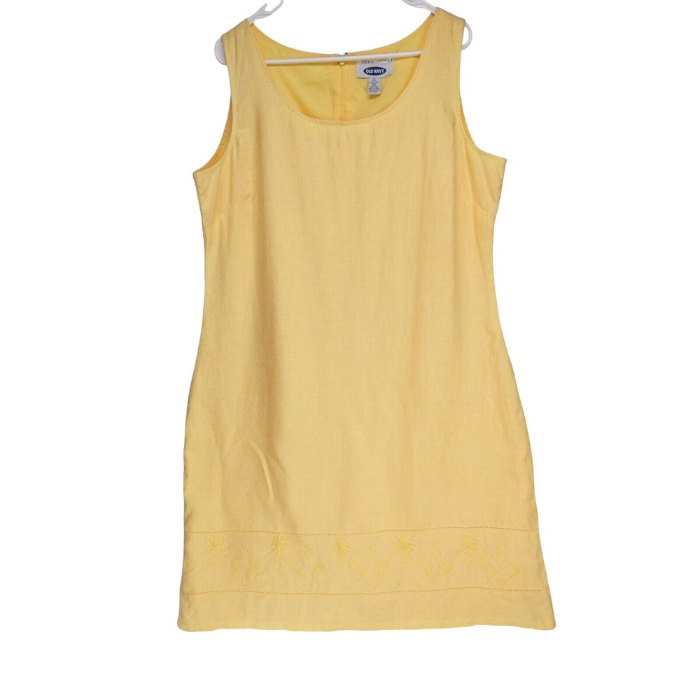 VTG Y2K Old‎ Navy 100% LINEN Sheath Dress Size 16 Yellow Embroidered Sundress